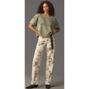 By Anthropologie Tie-Back Ruched Blouse Light Sage Black Ties Ruffles Sz L Boho